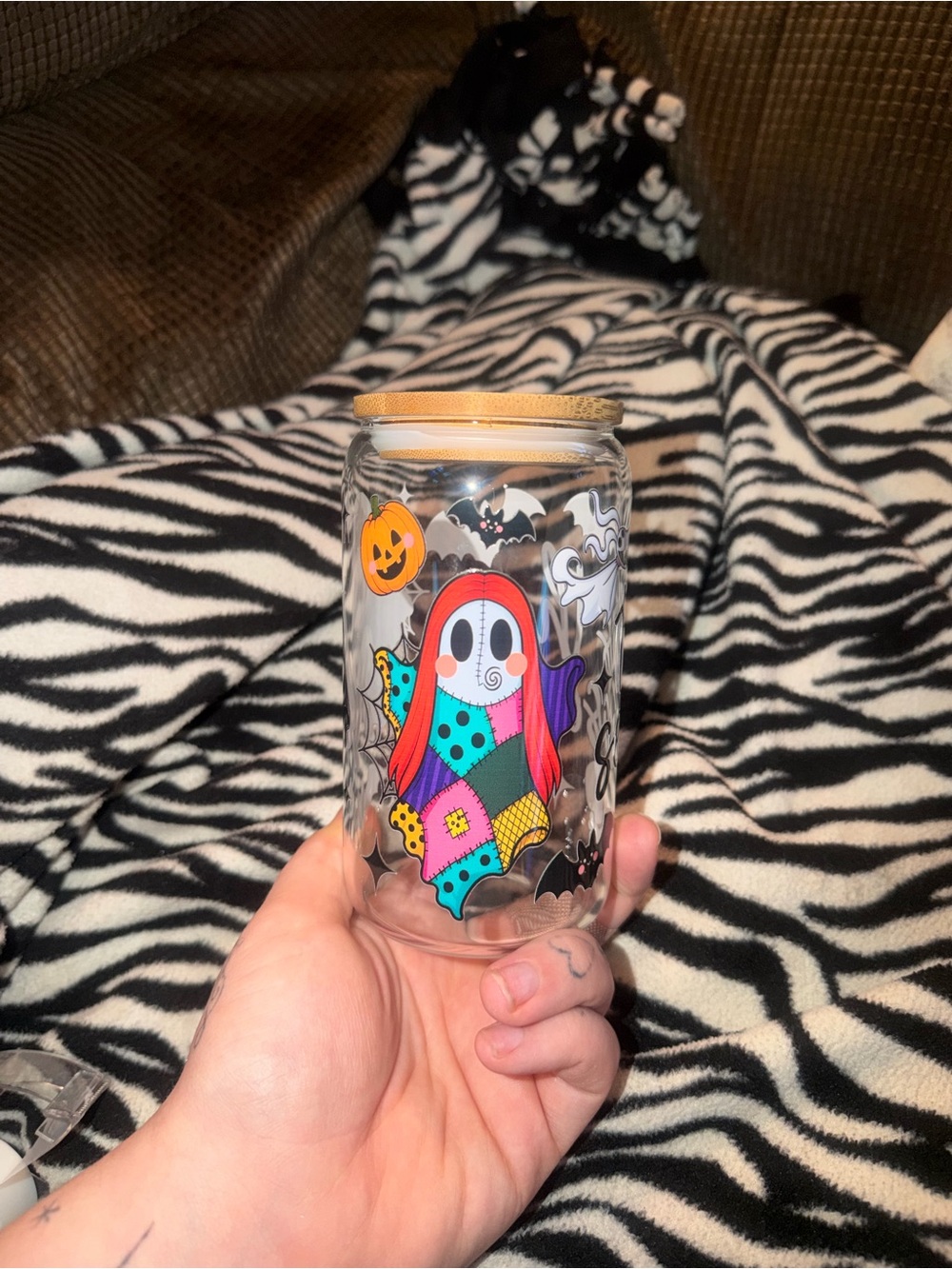 Halloween Patchwork Ghost Glass Jar with Cork Lid - Multicolor